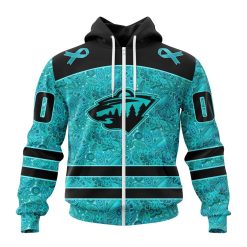 NHL Minnesota Wild Custom Name Number Fight Ovarian Cancer Zip Up Hoodie