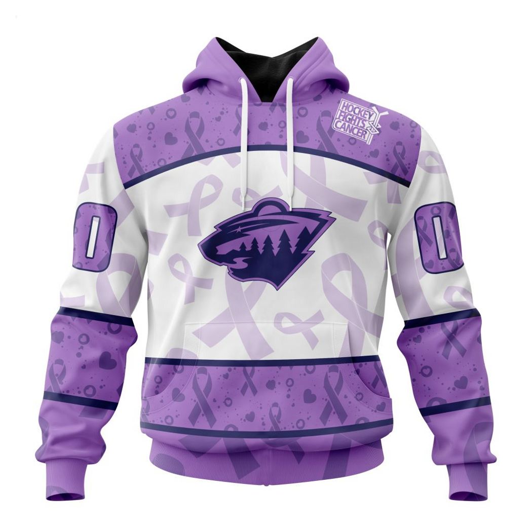 NHL Minnesota Wild Custom Name Number Lavender Hockey Fights Cancer Pullover Hoodie
