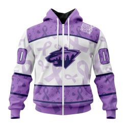 NHL Minnesota Wild Custom Name Number Lavender Hockey Fights Cancer Zip Up Hoodie