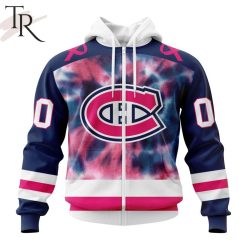 NHL Montreal Canadiens Custom Name Number Fight Breast Cancer Tie Dye Zip Up Hoodie