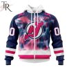 NHL New Jersey Devils Custom Name Number Fight Breast Cancer Tie Dye Zip Up Hoodie