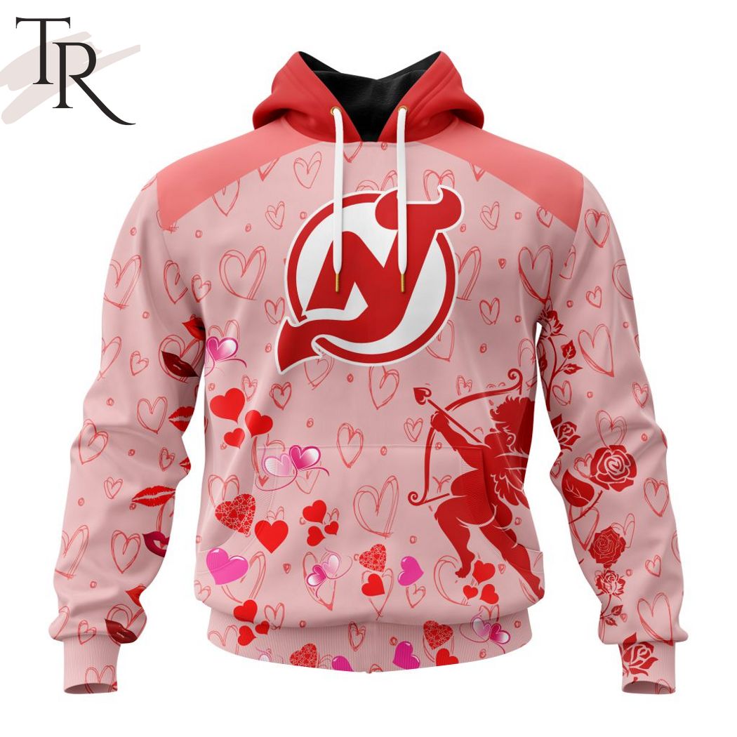 NHL New Jersey Devils Custom Name x2 Date Valentine Pullover Hoodie