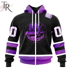 NHL New York Islanders Custom Name Number Black Hockey Fights Cancer Zip Up Hoodie