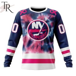 NHL New York Islanders Custom Name Number Fight Breast Cancer Tie Dye Sweatshirt