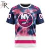 NHL New York Islanders Custom Name Number Fight Breast Cancer Tie Dye T-Shirt