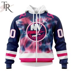 NHL New York Islanders Custom Name Number Fight Breast Cancer Tie Dye Zip Up Hoodie