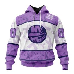 NHL New York Islanders Custom Name Number Lavender Hockey Fights Cancer Pullover Hoodie