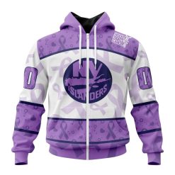 NHL New York Islanders Custom Name Number Lavender Hockey Fights Cancer Zip Up Hoodie