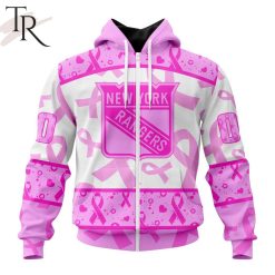NHL New York Rangers Custom Name Number Breast Cancer Awareness Month Zip Up Hoodie