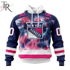 NHL New York Rangers Custom Name Number Fight Breast Cancer Tie Dye Pullover Hoodie