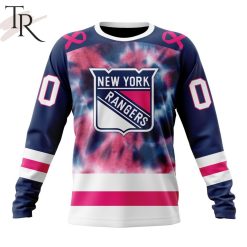 NHL New York Rangers Custom Name Number Fight Breast Cancer Tie Dye Sweatshirt
