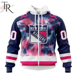 NHL New York Rangers Custom Name Number Fight Breast Cancer Tie Dye Zip Up Hoodie