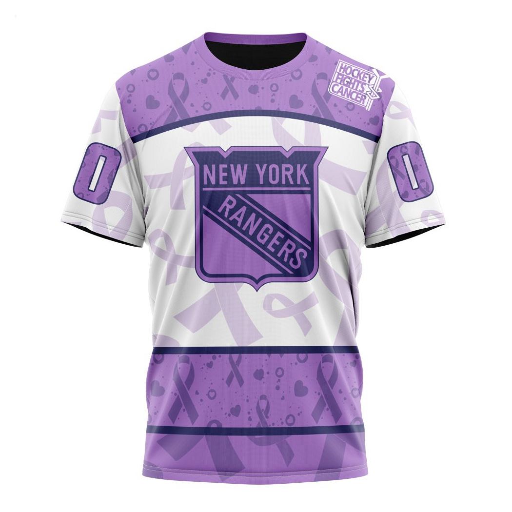 NHL New York Rangers Custom Name Number Lavender Hockey Fights Cancer T-Shirt