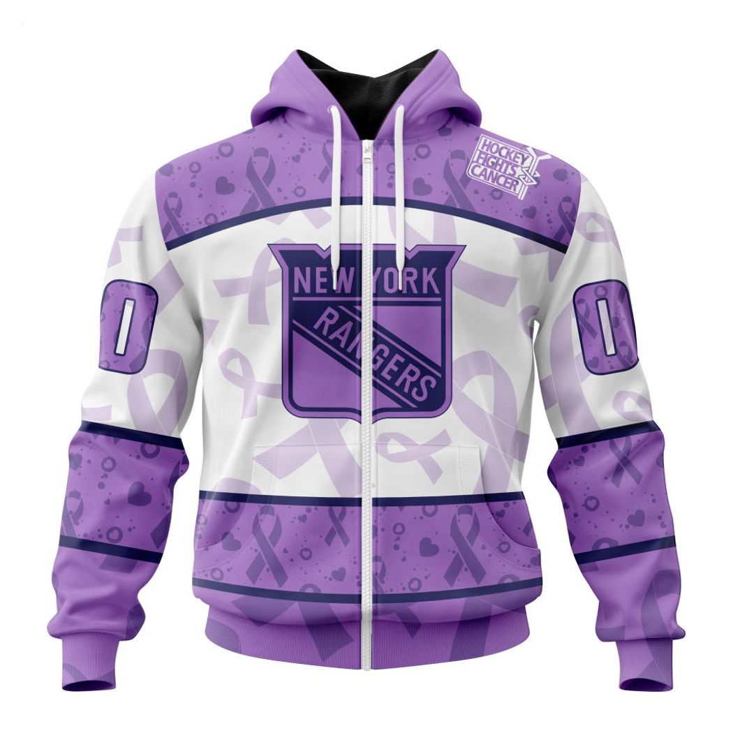 NHL New York Rangers Custom Name Number Lavender Hockey Fights Cancer Zip Up Hoodie