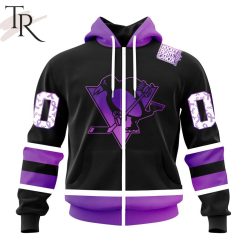 NHL Pittsburgh Penguins Custom Name Number Black Hockey Fights Cancer Zip Up Hoodie