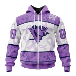 NHL Pittsburgh Penguins Custom Name Number Lavender Hockey Fights Cancer Zip Up Hoodie
