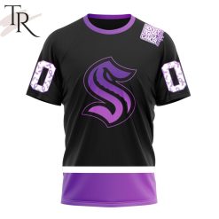 NHL Seattle Kraken Custom Name Number Black Hockey Fights Cancer T-Shirt