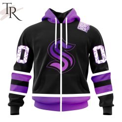 NHL Seattle Kraken Custom Name Number Black Hockey Fights Cancer Zip Up Hoodie