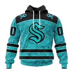 NHL Seattle Kraken Custom Name Number Fight Ovarian Cancer Pullover Hoodie
