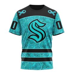 NHL Seattle Kraken Custom Name Number Fight Ovarian Cancer T-Shirt