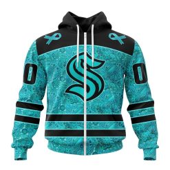 NHL Seattle Kraken Custom Name Number Fight Ovarian Cancer Zip Up Hoodie