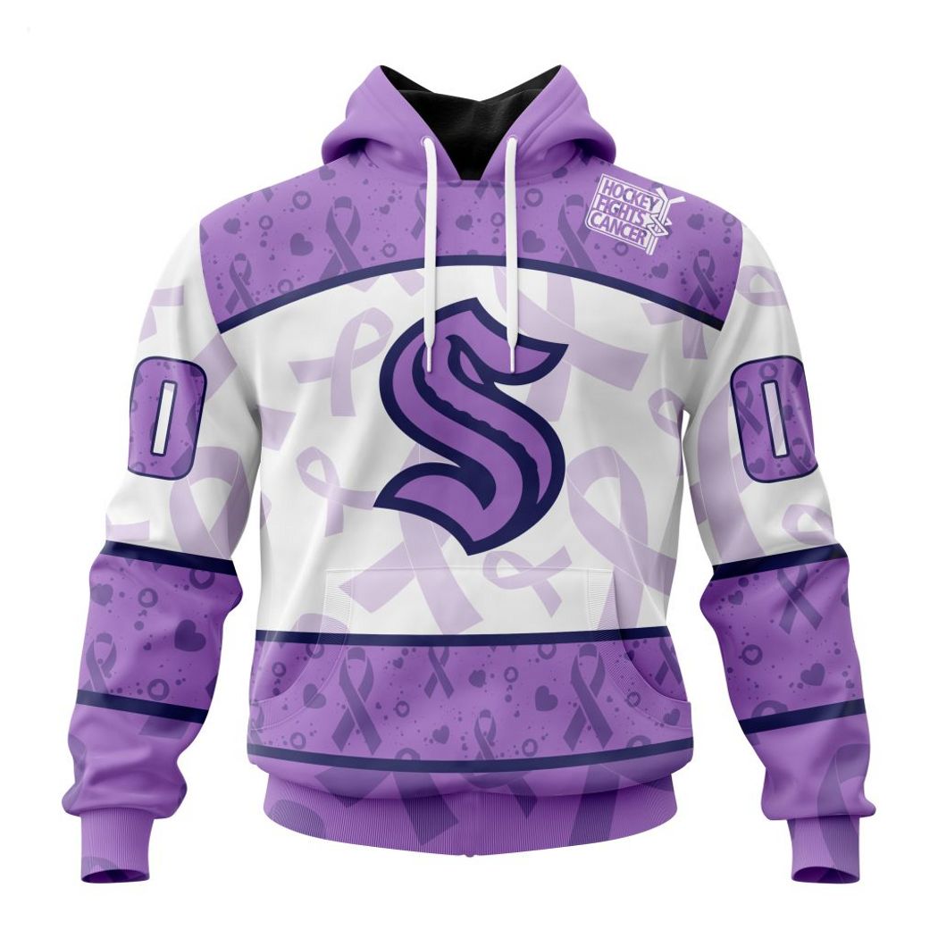 NHL Seattle Kraken Custom Name Number Lavender Hockey Fights Cancer Pullover Hoodie