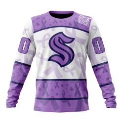 NHL Seattle Kraken Custom Name Number Lavender Hockey Fights Cancer Sweatshirt
