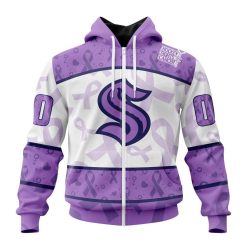NHL Seattle Kraken Custom Name Number Lavender Hockey Fights Cancer Zip Up Hoodie