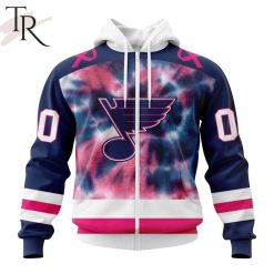 NHL St. Louis Blues Custom Name Number Fight Breast Cancer Tie Dye Zip Up Hoodie
