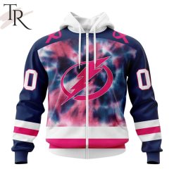 NHL Tampa Bay Lightning Custom Name Number Fight Breast Cancer Tie Dye Zip Up Hoodie
