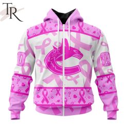 NHL Vancouver Canucks Custom Name Number Breast Cancer Awareness Month Zip Up Hoodie