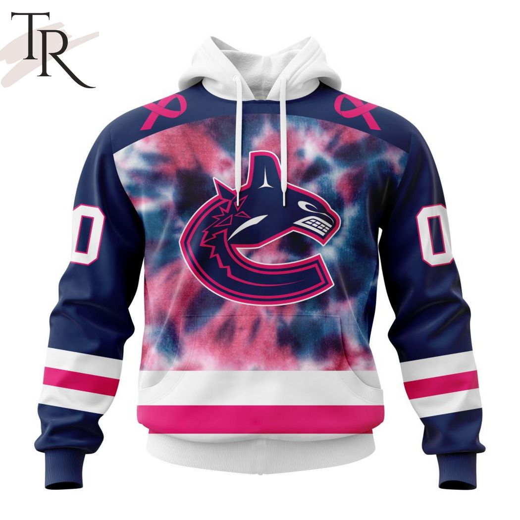 NHL Vancouver Canucks Custom Name Number Fight Breast Cancer Tie Dye Pullover Hoodie