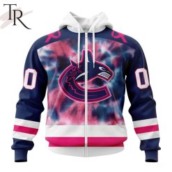 NHL Vancouver Canucks Custom Name Number Fight Breast Cancer Tie Dye Zip Up Hoodie