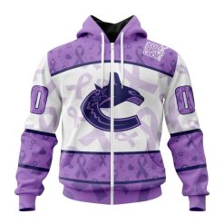 NHL Vancouver Canucks Custom Name Number Lavender Hockey Fights Cancer Zip Up Hoodie