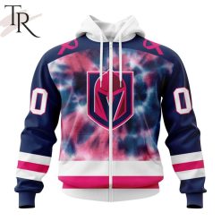 NHL Vegas Golden Knights Custom Name Number Fight Breast Cancer Tie Dye Zip Up Hoodie