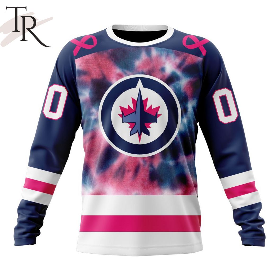 NHL Winnipeg Jets Custom Name Number Fight Breast Cancer Tie Dye Sweatshirt