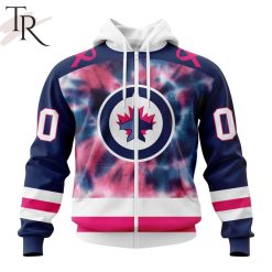 NHL Winnipeg Jets Custom Name Number Fight Breast Cancer Tie Dye Zip Up Hoodie