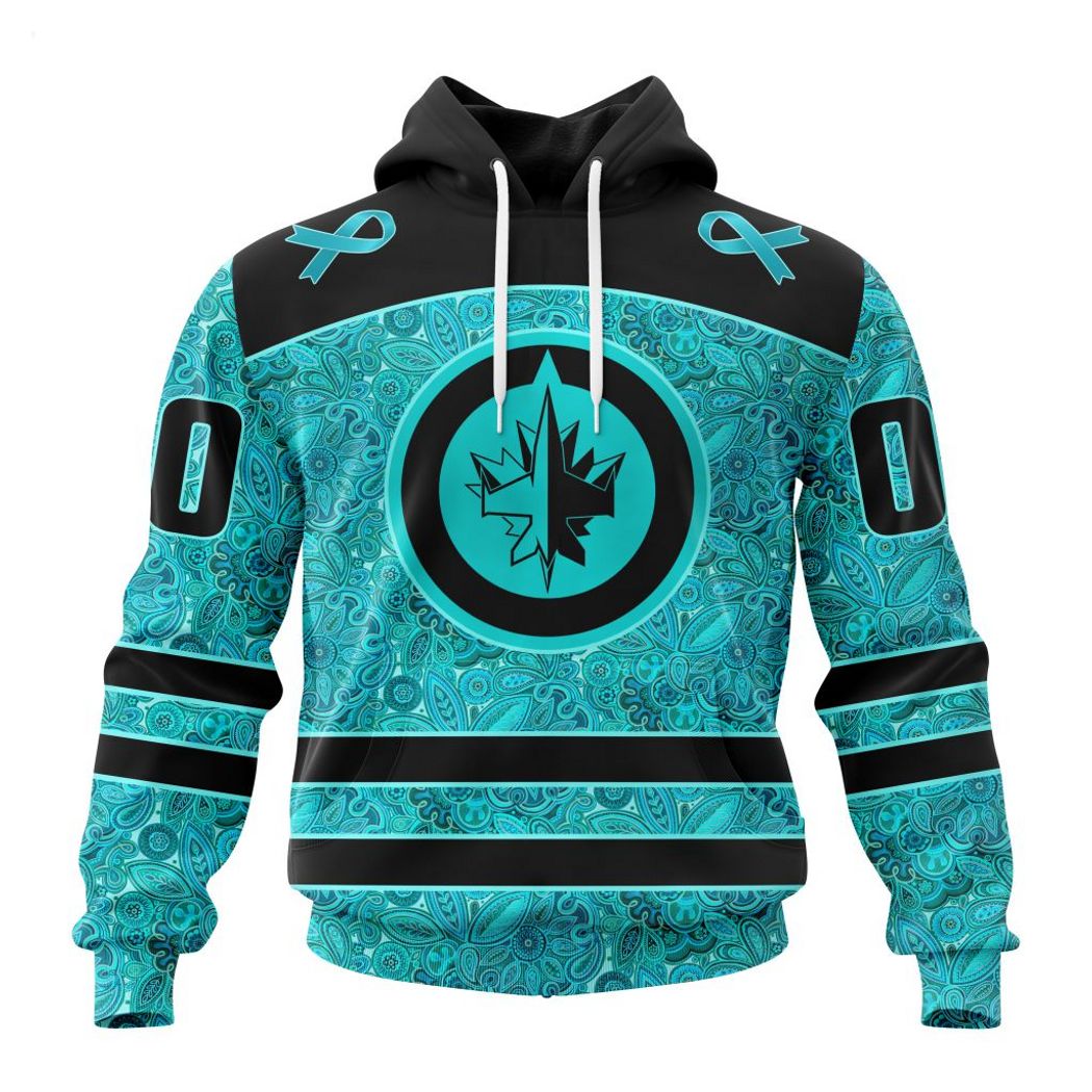 NHL Winnipeg Jets Custom Name Number Fight Ovarian Cancer Pullover Hoodie