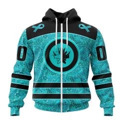 NHL Winnipeg Jets Custom Name Number Fight Ovarian Cancer Zip Up Hoodie