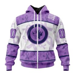 NHL Winnipeg Jets Custom Name Number Lavender Hockey Fights Cancer Zip Up Hoodie