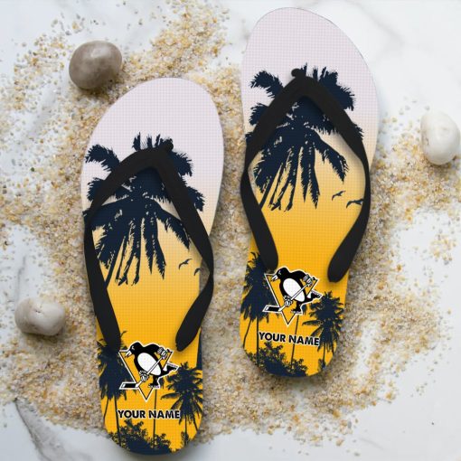 NHL Pittsburgh Penguins Custom Name Aloha Pattern Flip Flops